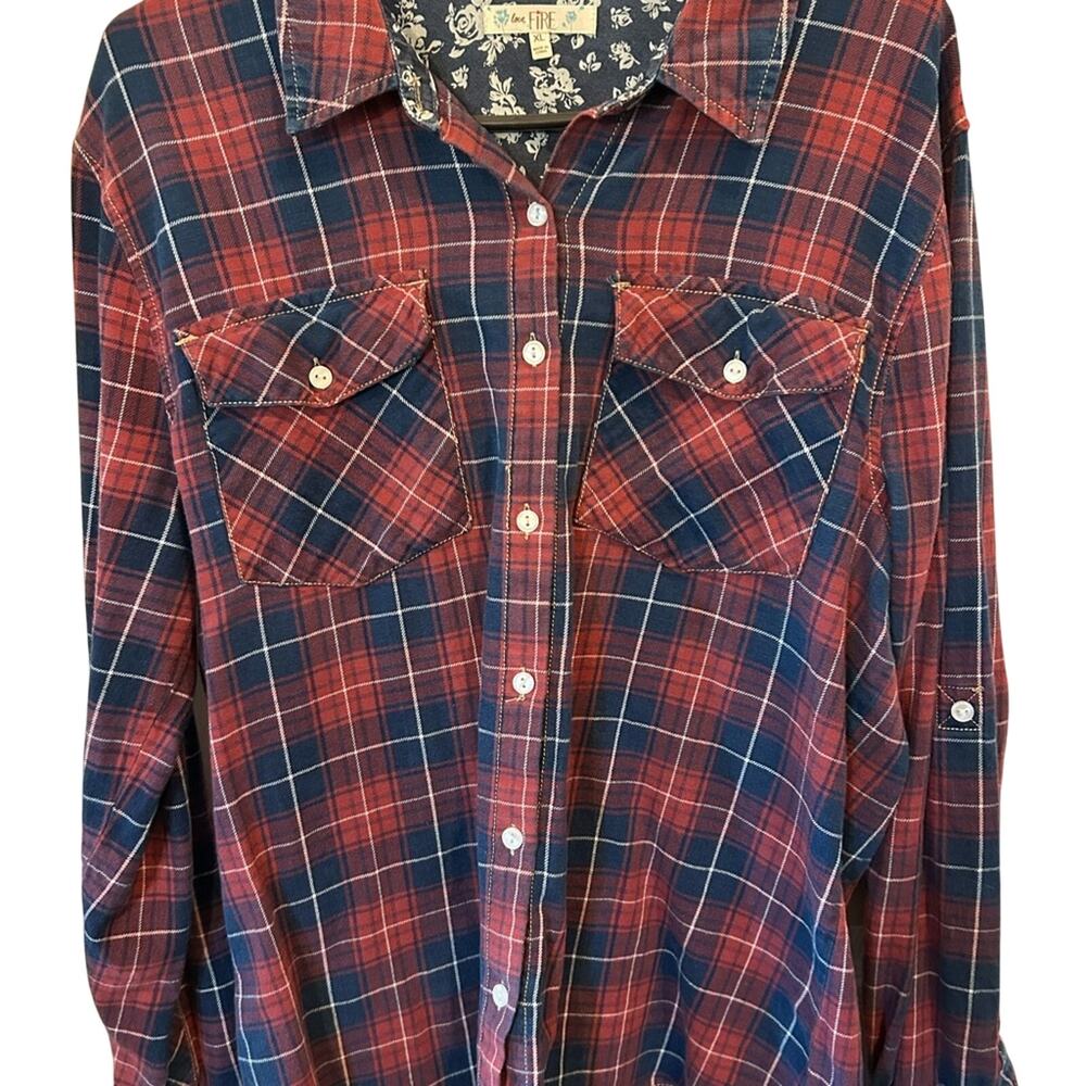 love, Fire Red Blue Plaid Button Down Flannel Shirt Western Cottagecore XL